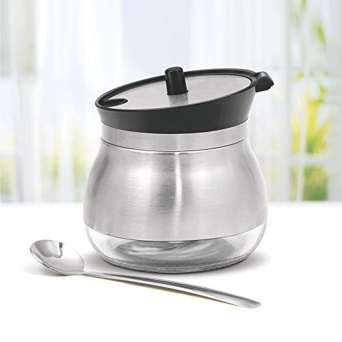 Azucarero de vidrio con tapa y cuchara revestido en acero inoxidable