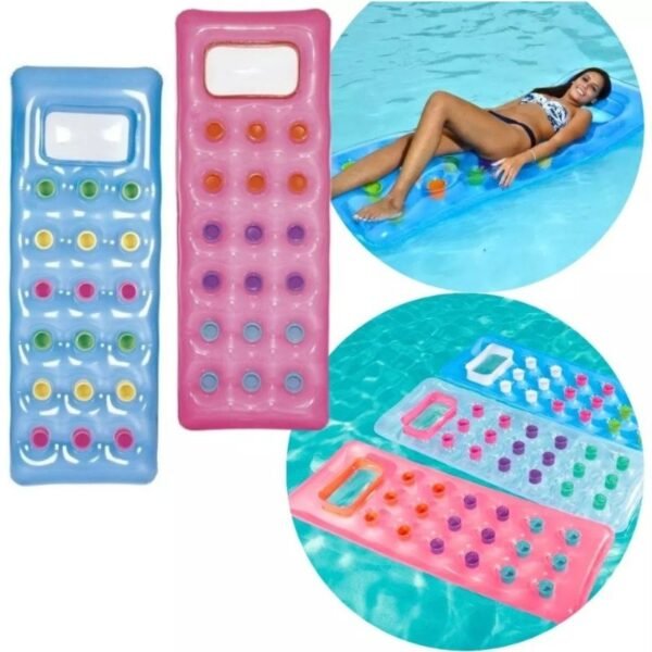 Colchón inflable para piscina con reposacabezas y portavasos