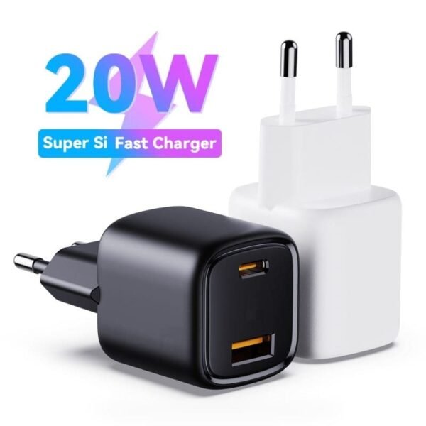 Cargador turbo con 1 puerto USB-C y 1 puerto USB – QC3.0 de 20 W