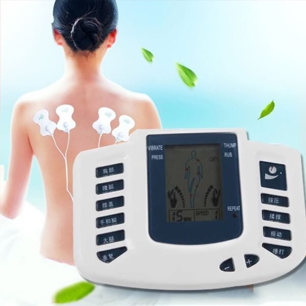 Masaje con electrodos de corriente rusa para fisioterapia y tensión muscular