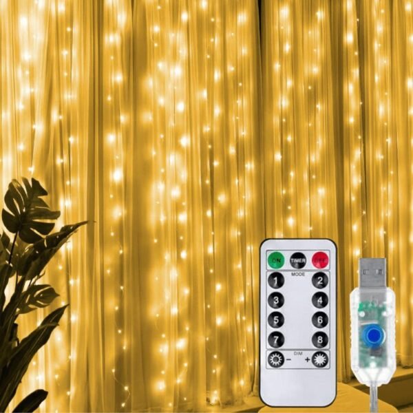 Cortina LED fija 3×3 con control remoto Color blanco cálido