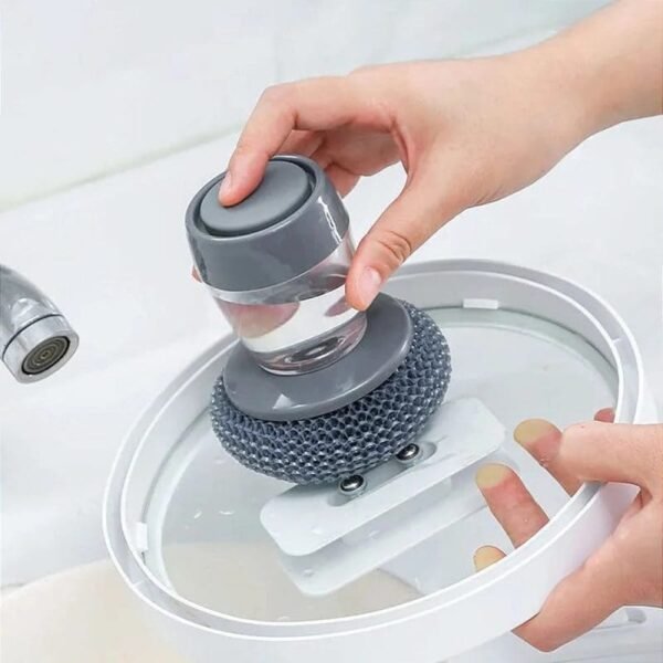 Cepillo de limpieza de acero con recipiente para detergente lavavajillas multiusos