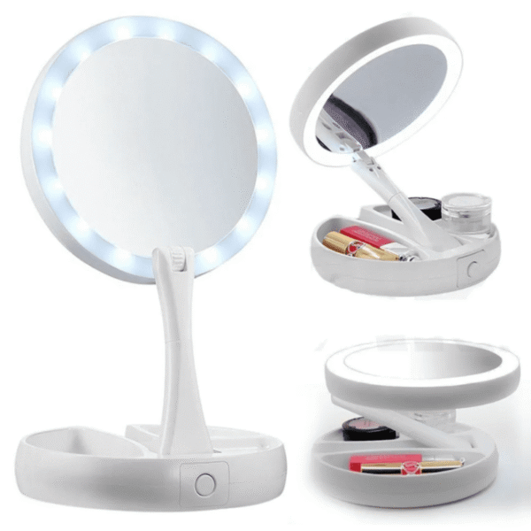 Espejo de maquillaje retráctil con luz LED y aumento retráctil de dos lados 10X