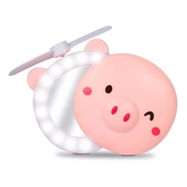 Espejo de maquillaje LED portátil con mini ventilador Pink Pig