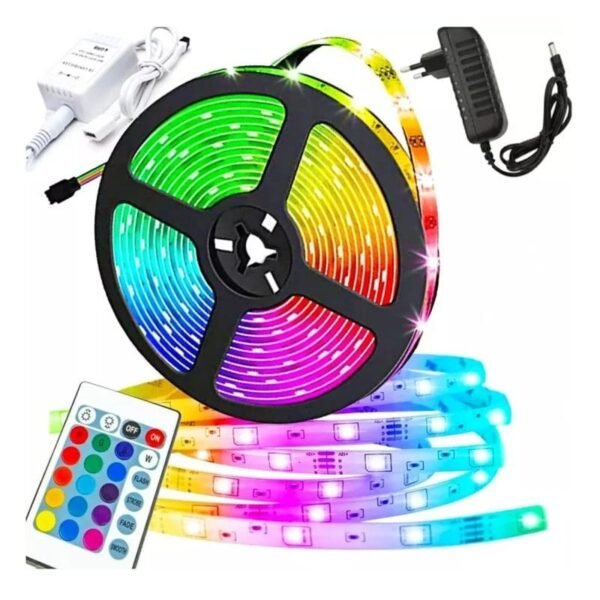 Tira LED RGB 5050 de colores de 5 metros resistente al agua con control y fuente de alimentación