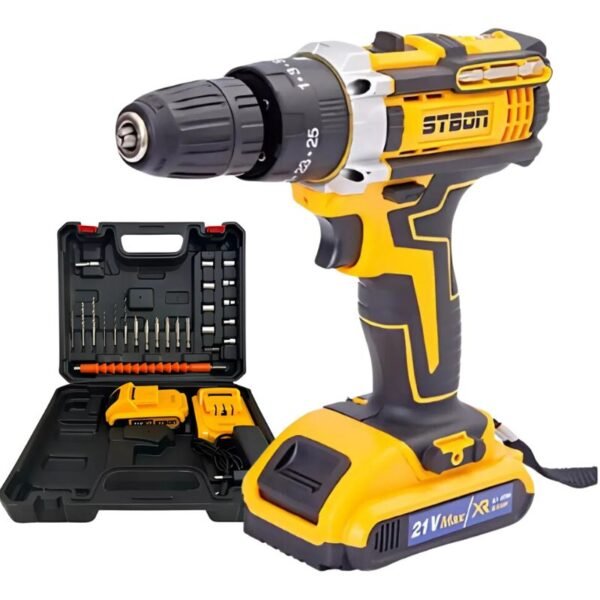 Taladro atornillador de impacto con estuche, 2 baterías, 21 V