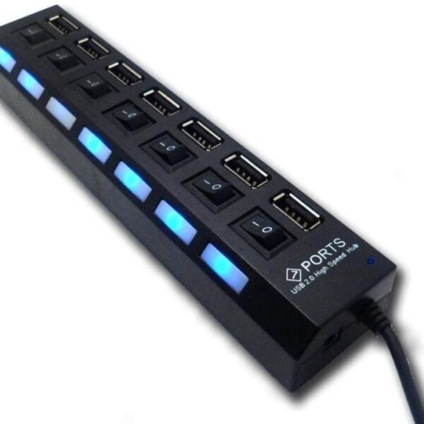 Concentrador USB 2.0 con 7 puertos, interruptor de encendido/apagado e indicador LED