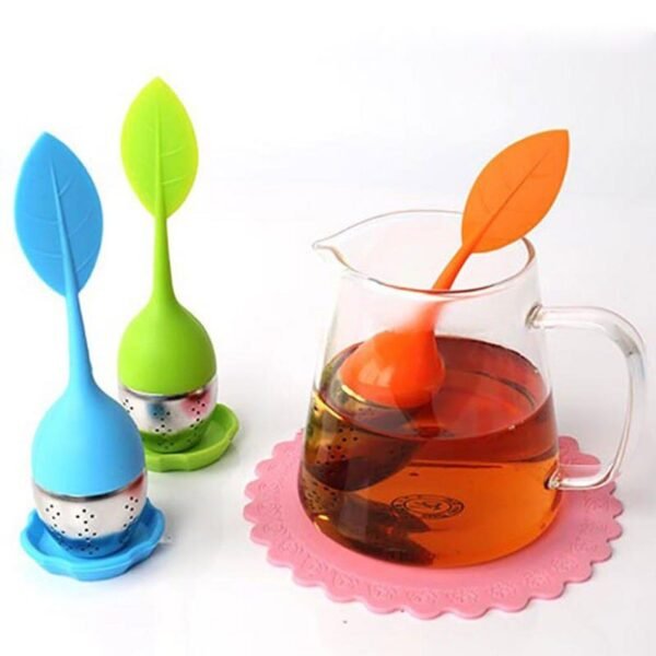 Infusor de té de silicona y acero inoxidable con forma de hoja