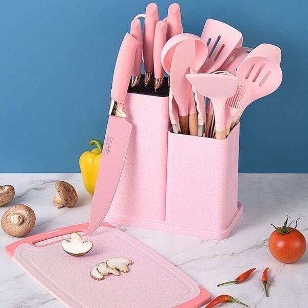Kit de utensilios de cocina con 19 piezas de silicona y mango de madera (colores surtidos)