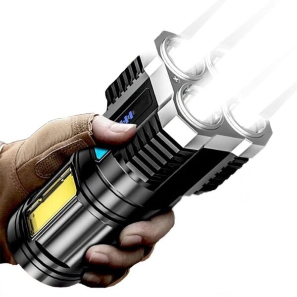 Linterna LED impermeable de 4 núcleos, potente, recargable por USB.